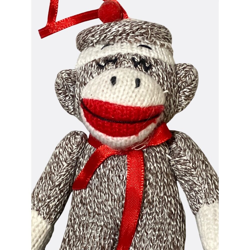 Knitted Sock Monkey Plush Ornament With Red Ribbon - Picture 4 of 10